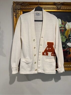 Vintage Varsity Cream Shawl-Collar Cardigan with Orange Letter A Patch